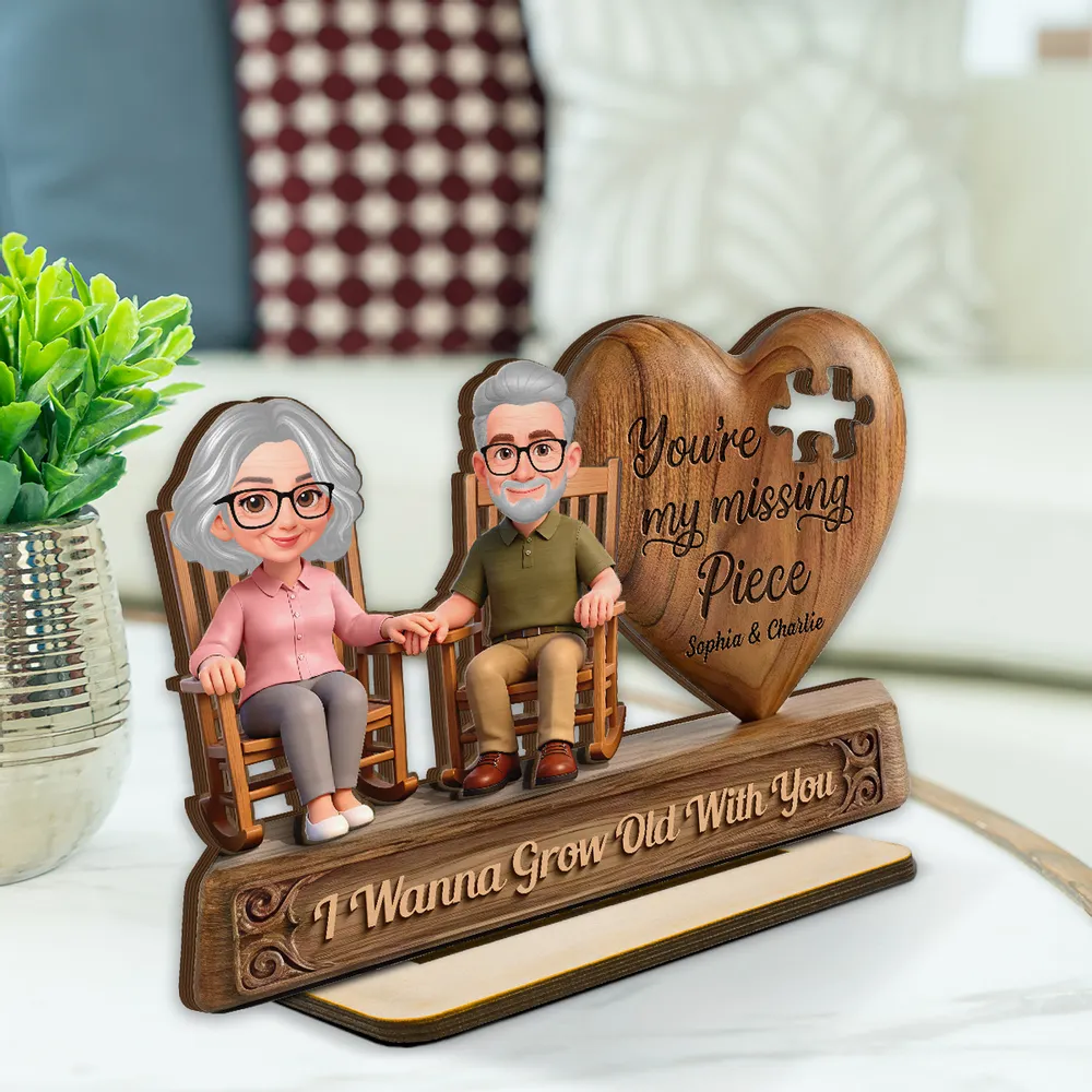 Personalized 2-Layer Wooden Plaque with Elderly Couple Holding Hands, You're My Missing Piece, Unique Gift for Couples