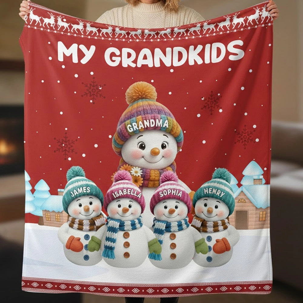 Custom My Grandkids Fleece Blanket, Cute Snowman Family Winter Scene, Warm Keepsake Throw and Thoughtful Grandparent Gift