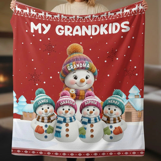 Custom My Grandkids Fleece Blanket, Cute Snowman Family Winter Scene, Warm Keepsake Throw and Thoughtful Grandparent Gift