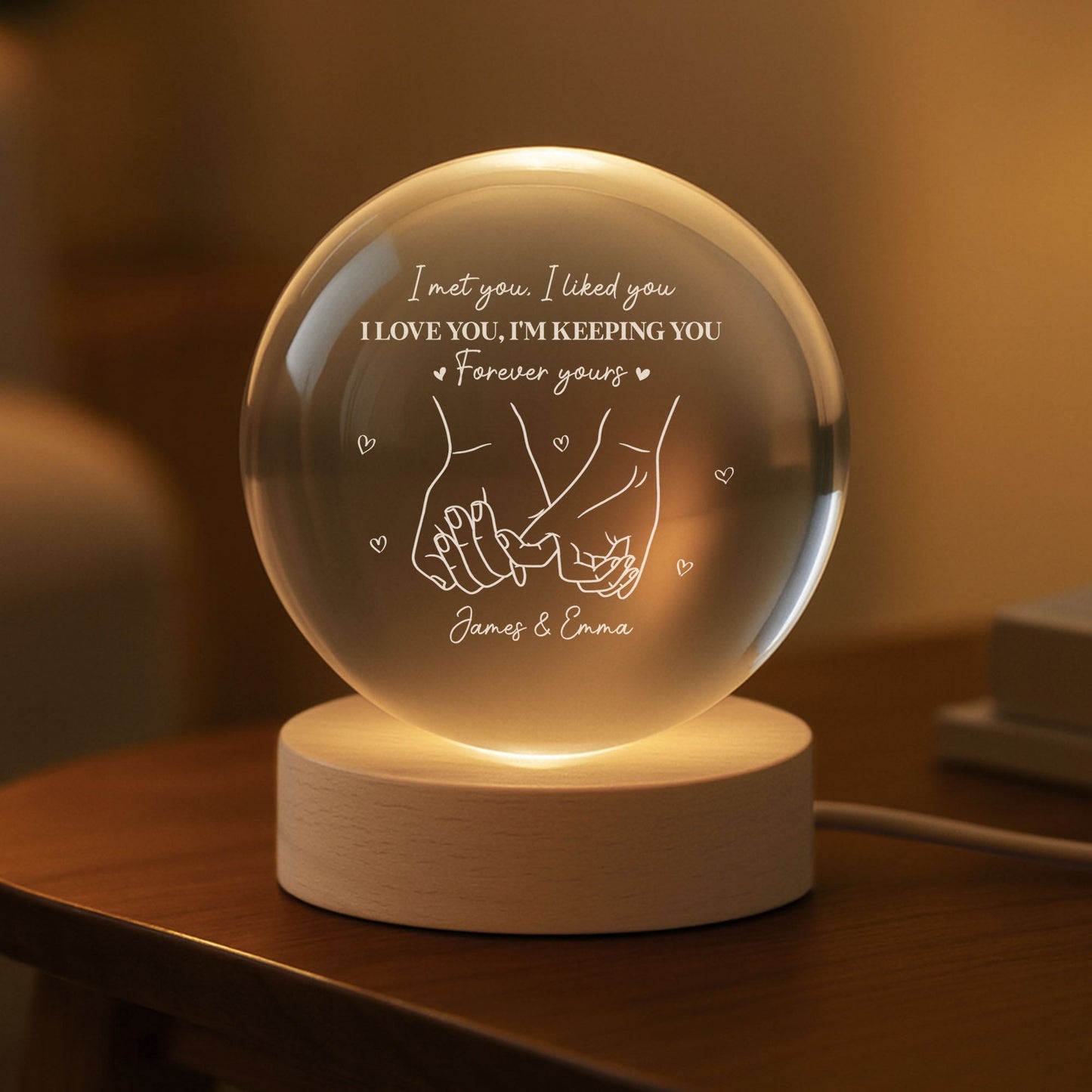 Personalized 3-Color K5 Globe Lamp with Holding Hands Line Art Romantic Night Light Unique Gift for Couples