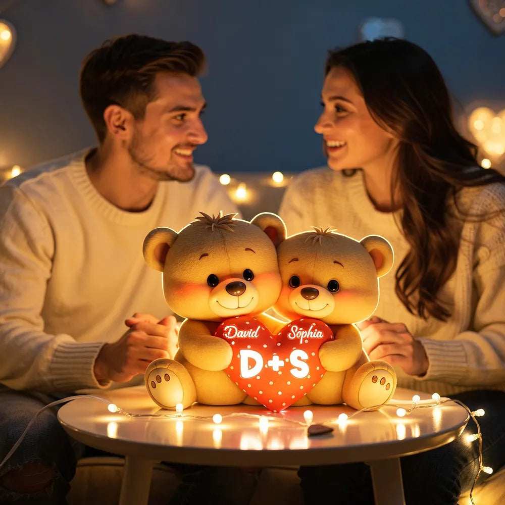 Personalized Acrylic Light Box Cute Bear Couple Holding a Heart Bedroom Lamp with Warm Glow Unique Gift for Couples