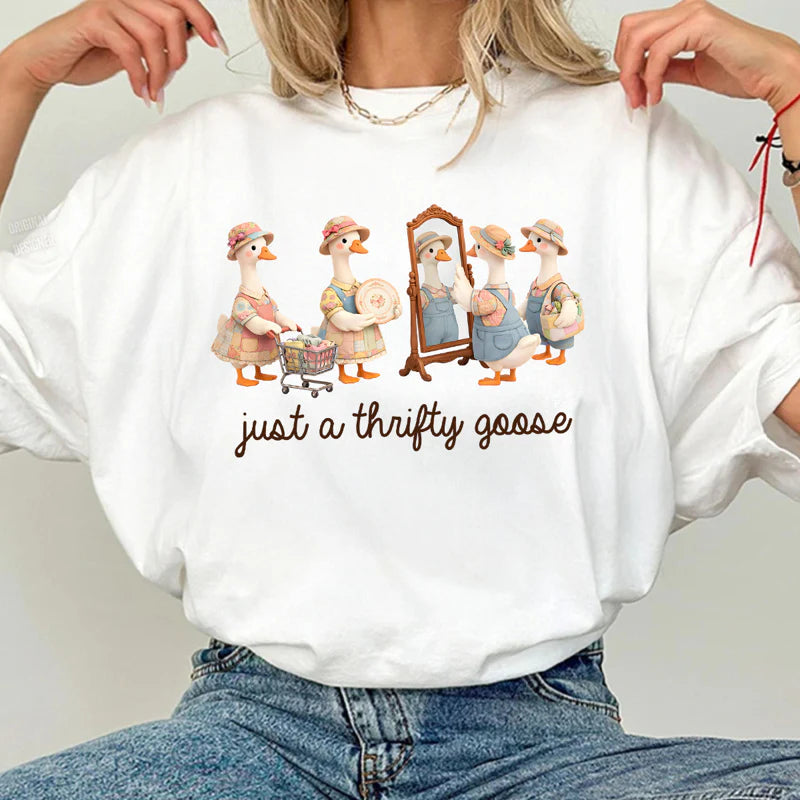 Personalized Just A Thrifty Goose Classic Tee, Cute Cartoon Goose Outfit Gift for Grandma or Mom