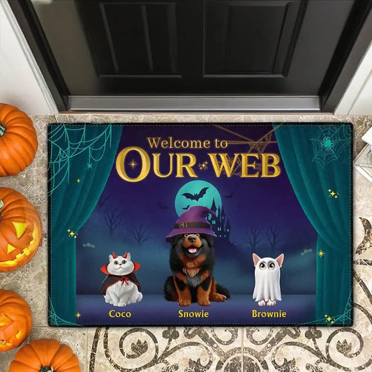 Halloween Pet-Themed Standard Doormat, “Welcome to Our Web” Personalized Dog & Cat Welcome Gift for Pet Lovers