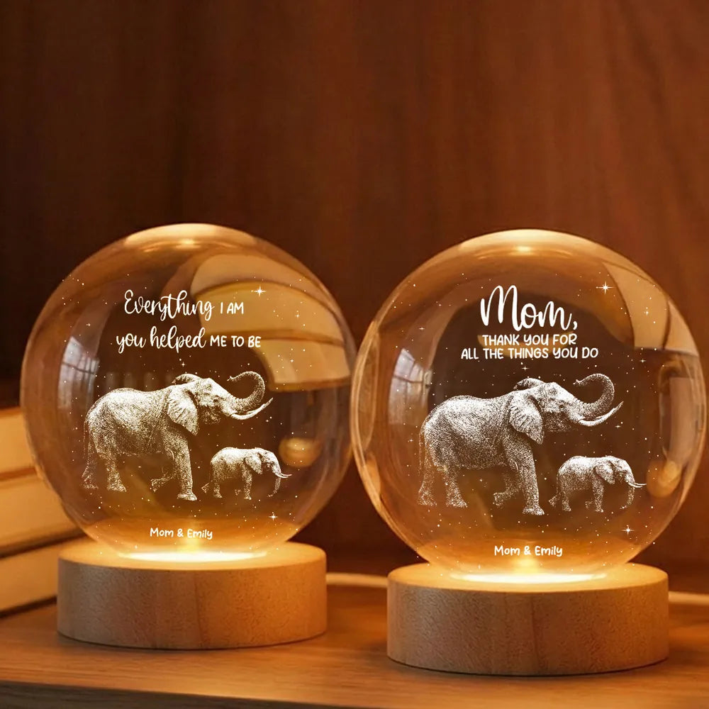 Custom Globe Lamp Night Light with Elephant Mom and Baby, Heartwarming Keepsake Gift for Mom