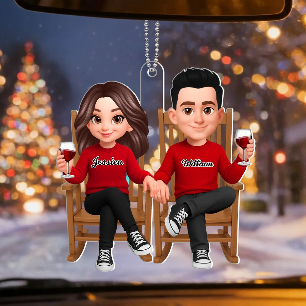 Personalized Acrylic Car Hanger Cute Cartoon Couple Toasting Wine Rearview Mirror Decor Unique Gift for Couples
