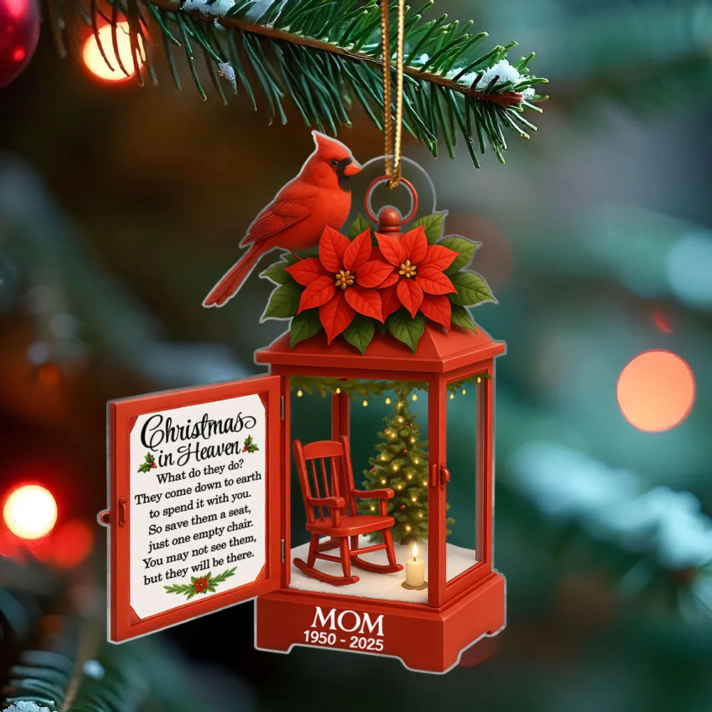 Acrylic Ornament Lantern Scene with Poinsettia and Candle – serene remembrance tree ornament, gift-ready memorial keepsake for Dad, Mom, and loved ones