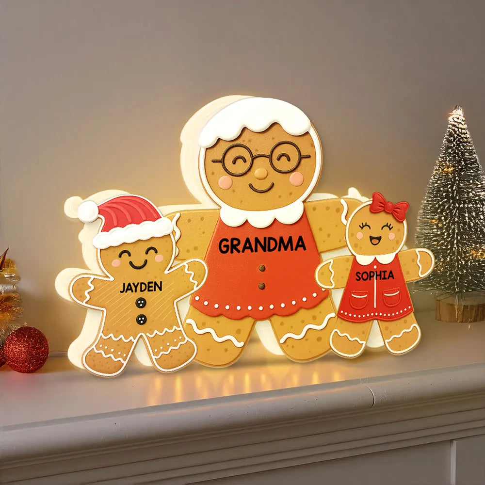 Acrylic Light Box - Gingerbread Grandma & Grandkids, Custom, Christmas Decor, Warm Glow Keepsake, Unique Gift for Grandma