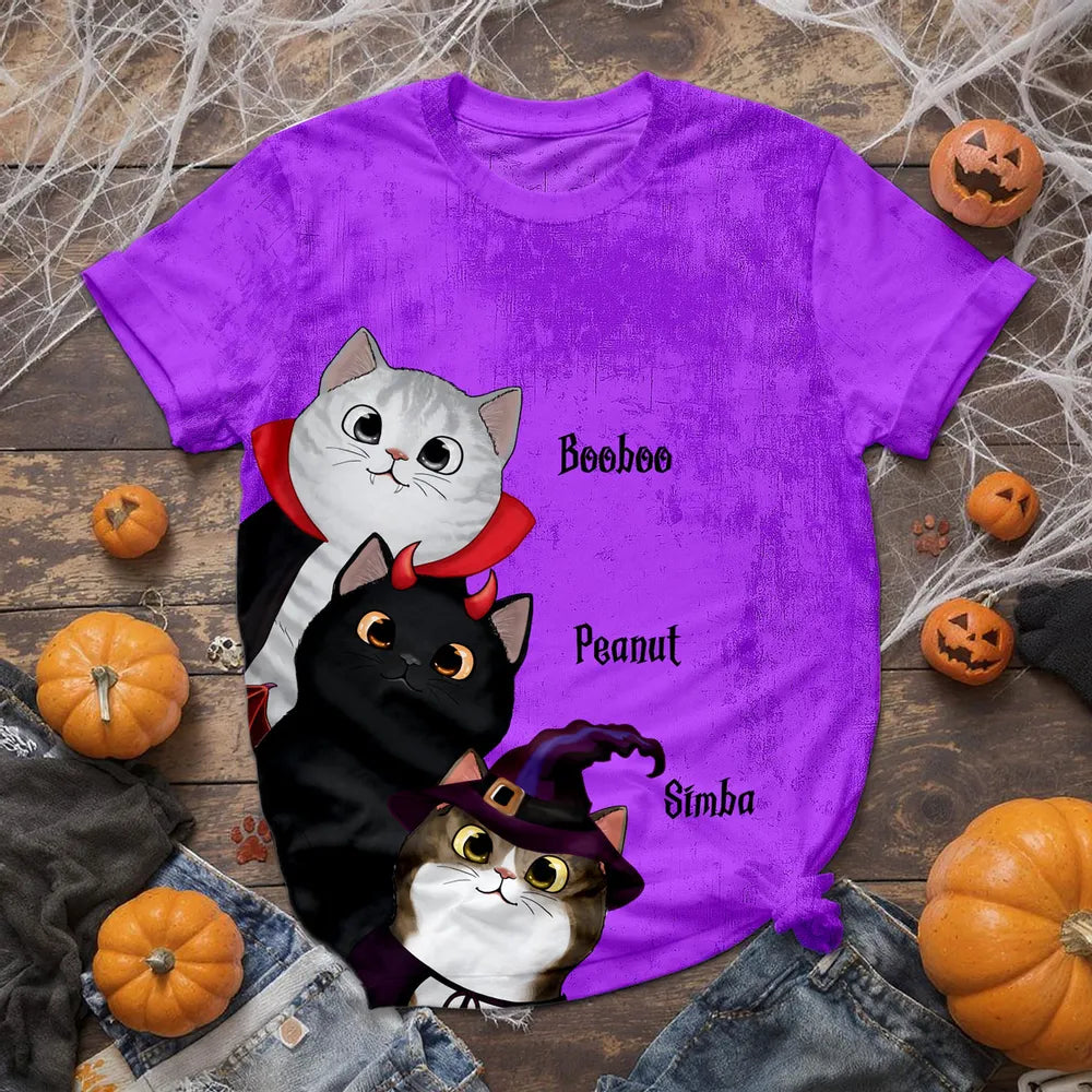 Classic Tee with Whimsical Cat Print, Halloween Vibes, Heartwarming Gift Option for Friends
