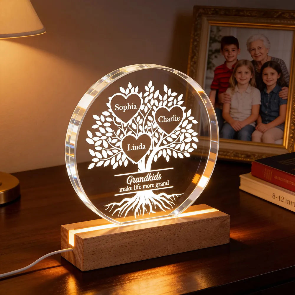Shaped Acrylic Block LED Plaque Personalized for Grandma - Glowing Grandkids Family Tree Keepsake, Heartwarming Gift