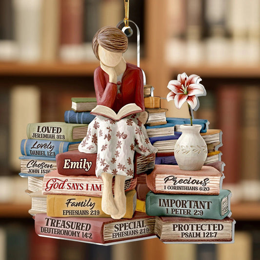 Personalized Acrylic Ornament with Reading Woman and Faith Books – Unique Christian Gift and Christmas Tree Decor