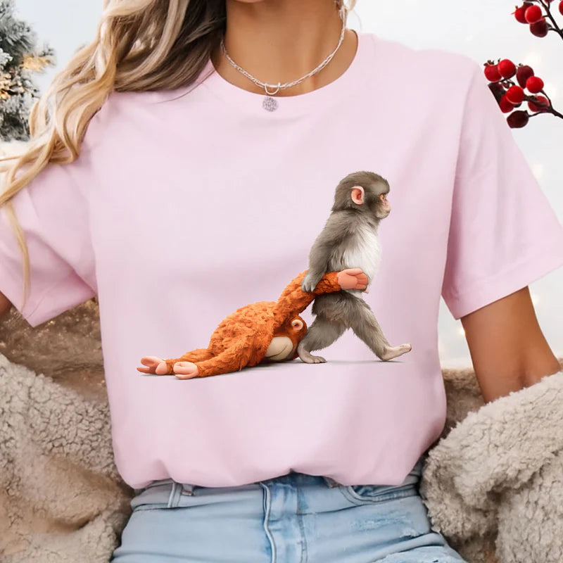 Personalized Classic Tee with Baby Monkey Punch Journey Graphic, Cute Animal Lover Gift for Everyday Smiles