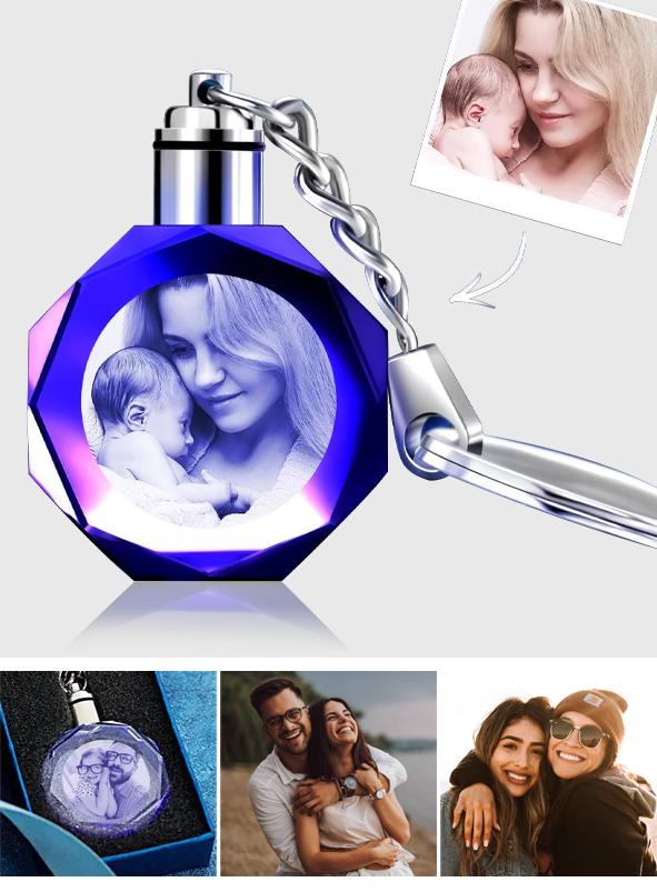 Custom Photo Octagon Crystal Led Light Keychain -  gift for anyone, cat lover, dog lover, who lost a loved one - Personalized Keychain