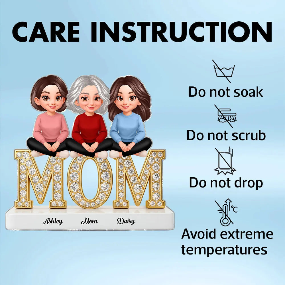 Personalized Shaped Acrylic Block Plaque with Mom & Daughters Cartoon Illustration, Sparkly MOM Shelf Decor, Unique Gift for Mom