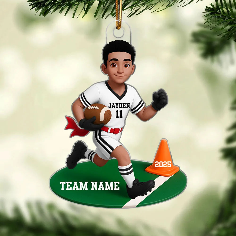 Acrylic Ornament Personalized Flag Football Kid Running on Field, Unique Christmas Tree Gift for Son