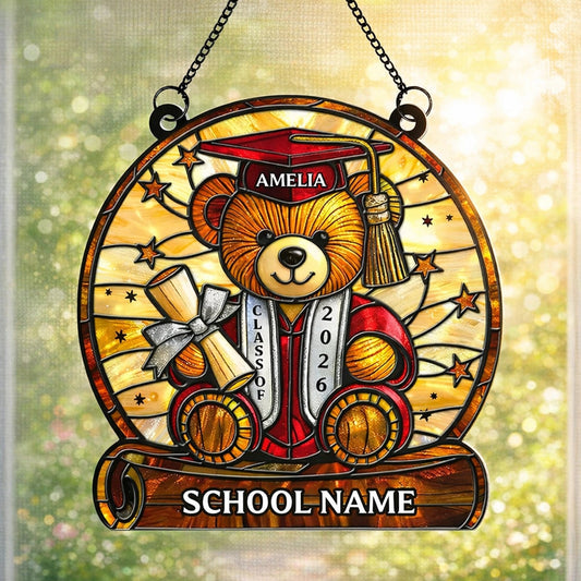 Stained Glass Style Graduation Teddy Bear Acrylic Suncatcher Ornament, Sweet Window Keepsake Gift for a Proud Grad
