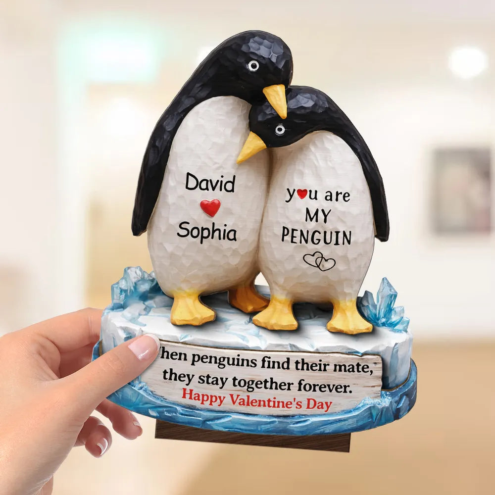 Personalized 2-Layer Wooden Plaque Penguin Couple Hugging for Valentine's Day, a Unique Romantic Gift for Him or Her