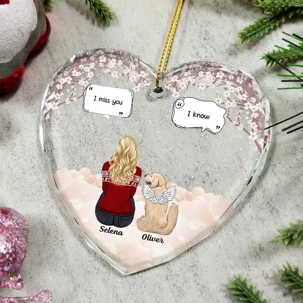 Heart Crystal Ornament with woman and angel dog in clouds, a touching memorial gift for pet lovers
