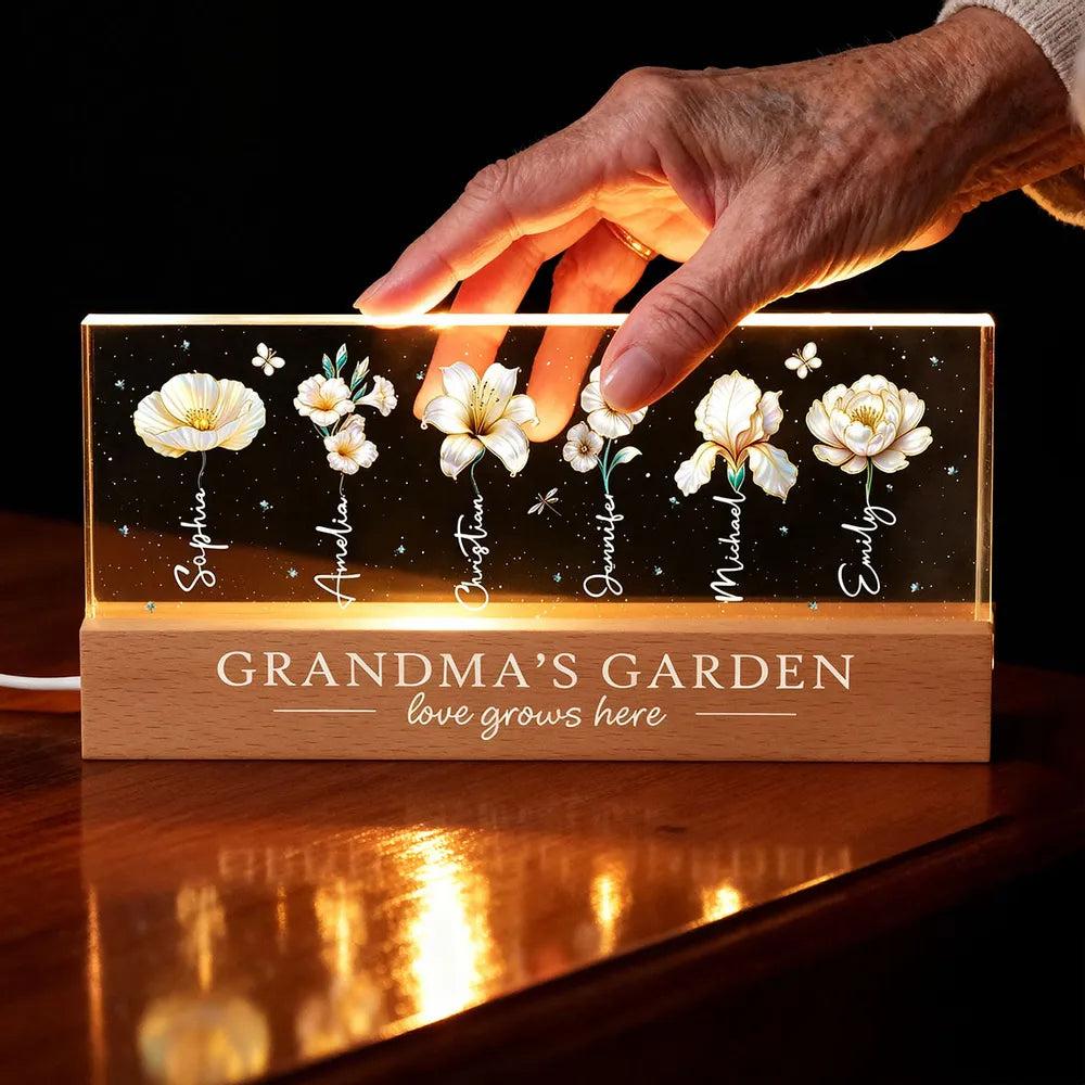 Grandma's Garden Block LED Light Plaque with Birth Month Flowers, Warm Glow Decor, Personalized Unique Gift for Grandma