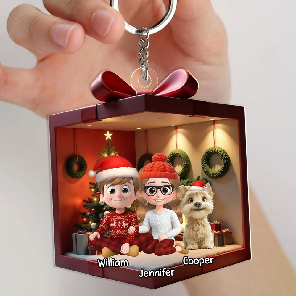 Festive Acrylic Ornament Featuring Family & Dog Under Christmas Tree – Ideal Holiday Gift