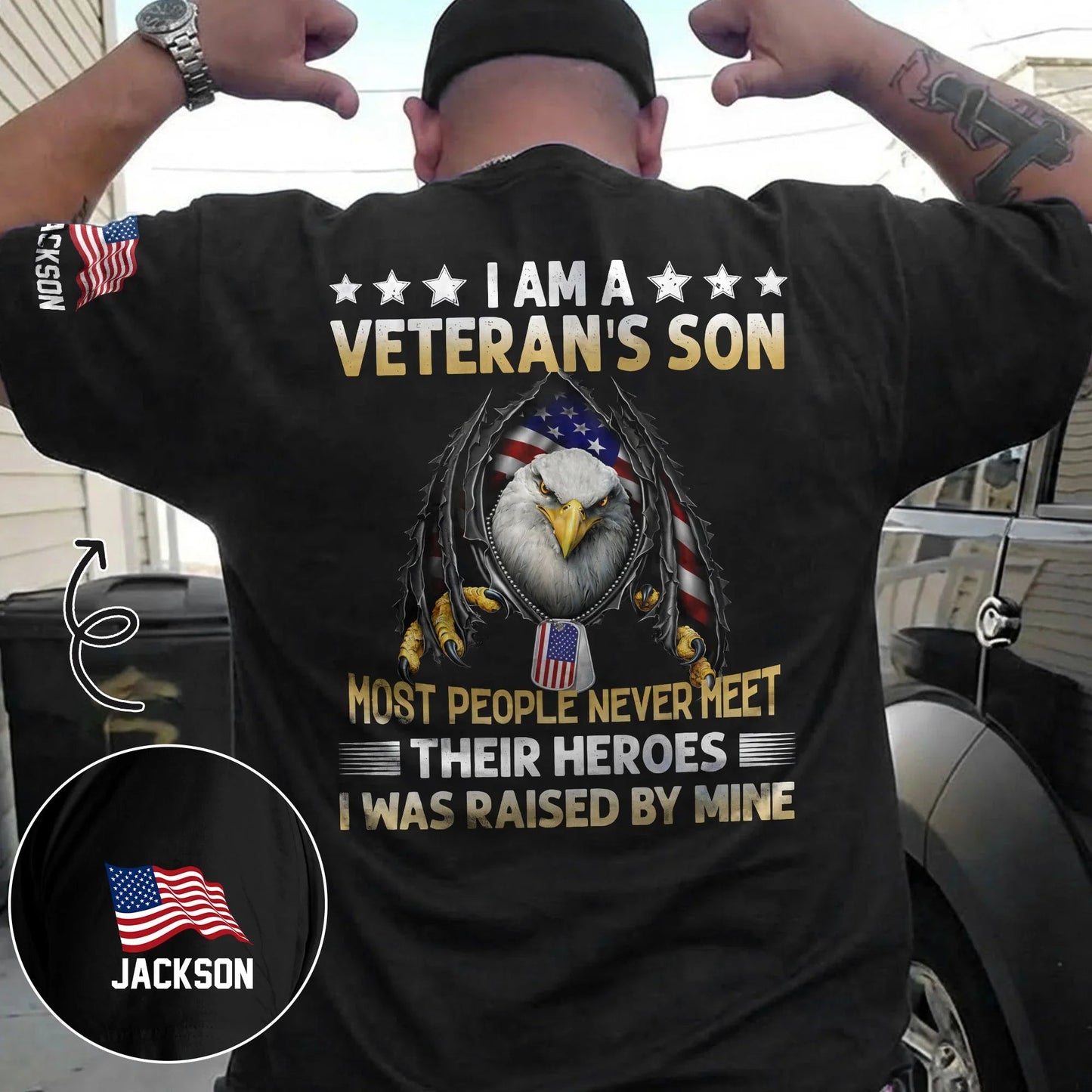 Personalized Dual Print Classic Tee I Am A Veteran's Son Eagle Flag Graphic Unique Gift for Proud Military Families