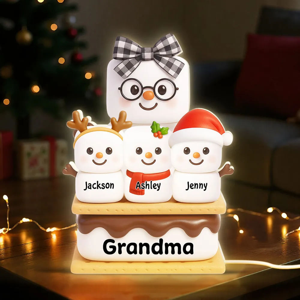 Personalized Acrylic Light Box - Cute S'mores Marshmallow Stack with Santa Hats & Warm Glow - Unique Gift for Grandma