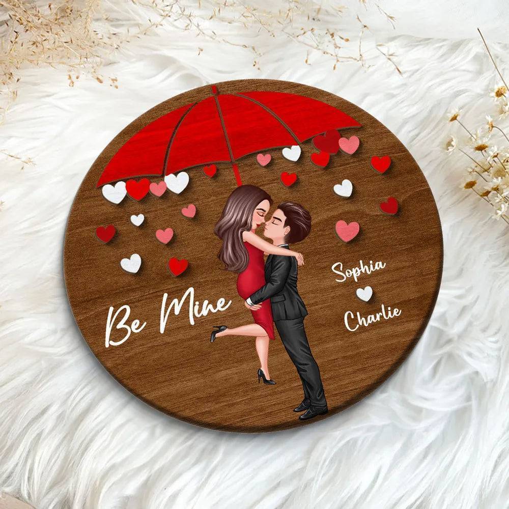 Rainy Romance - 'Umbrella Kiss' Personalized Wooden Plaque - A Cherished Gift for Couples on Anniversaries & Valentine's