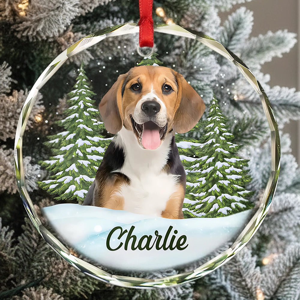 Crystal Ornament with Dog Portrait and Snowy Pine Scene, Festive Keepsake and Perfect Gift for Pet Lovers