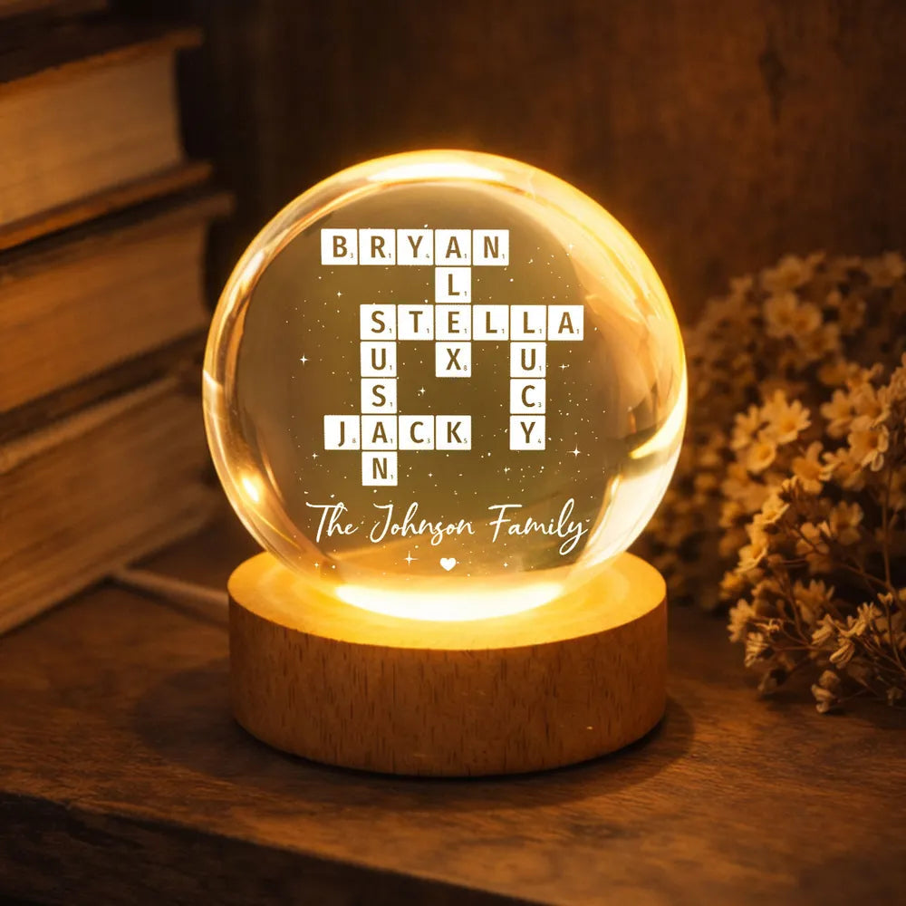 Custom Crossword Family Name Globe Lamp, Cozy Warm Light for Bedroom or Living Room, Thoughtful Unique Gift