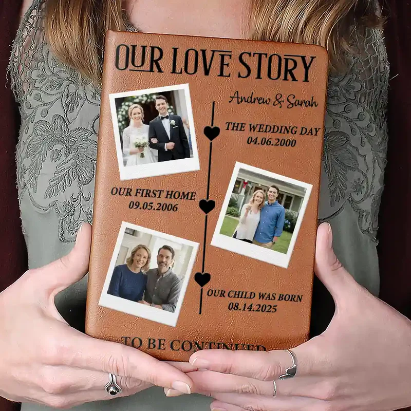 Personalized Leather Journal Our Love Story Photo Timeline for Couple - Unique Romantic Gift for Anniversary or Wedding
