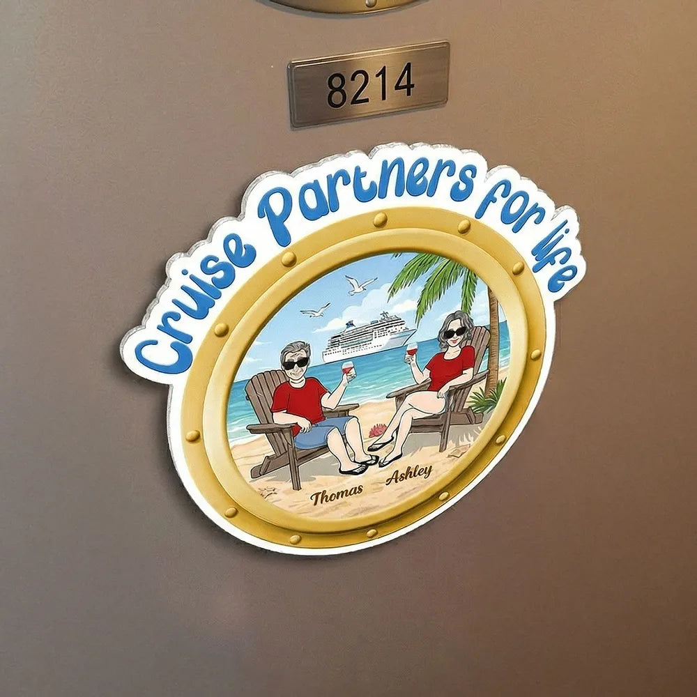 Personalized Cruise Partners For Life Acrylic Magnet, Beach Couple Toasting Porthole Design, Unique Gift for Couples