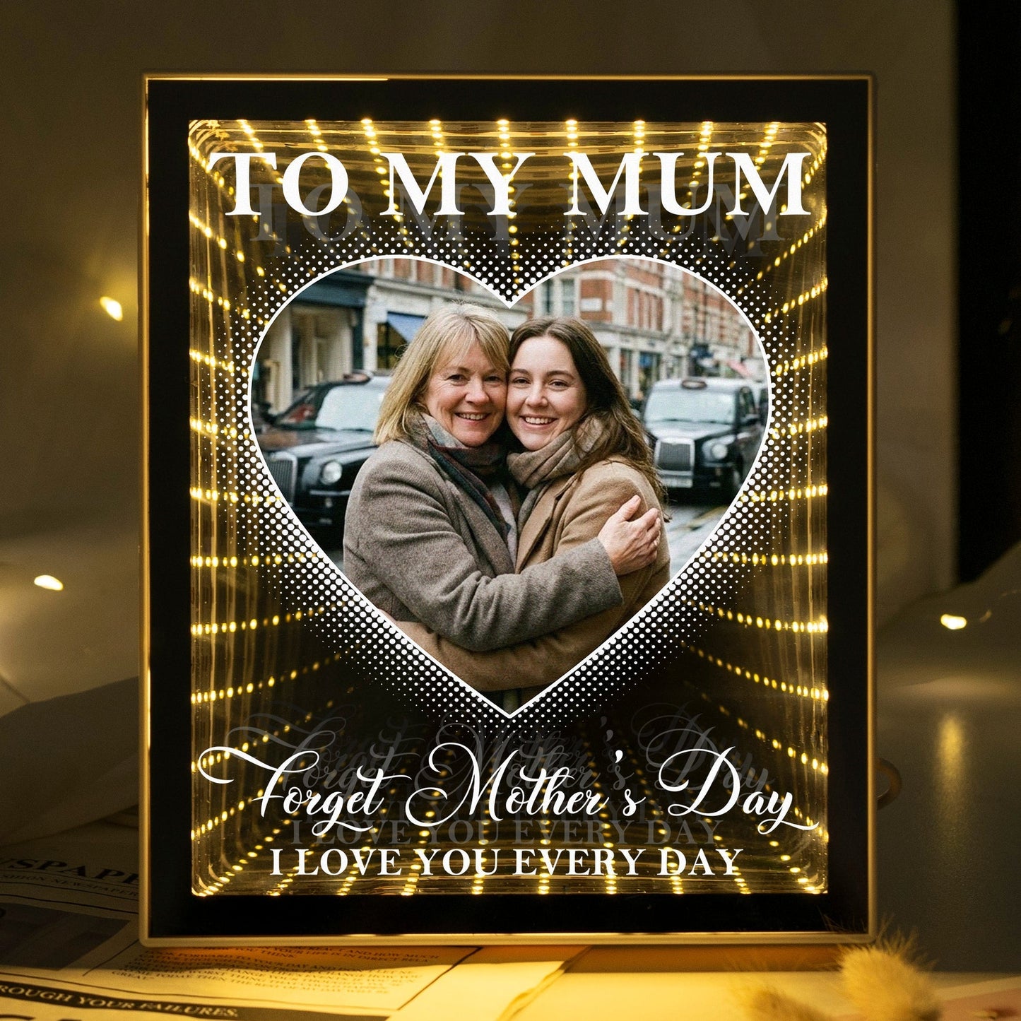 Infinity Mirror Light Box for Mom - Heart Photo Tunnel Glow, Warm Golden Lights, Unique Mother's Day Gift