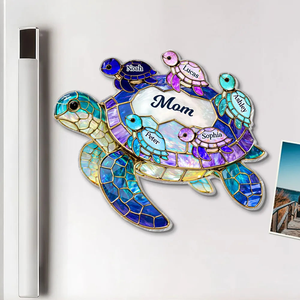 Mom Sea Turtle Acrylic Fridge Magnet, Personalized Family Keepsake, Bright Kitchen Decor, Thoughtful Gift for Her