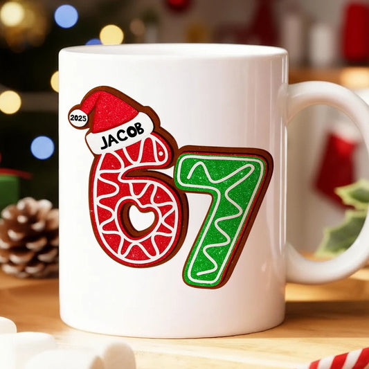 Personalized “67” Christmas Mug with Cute Cookie Design, Custom Name Holiday Gift for Kids, Teens & Grandkids