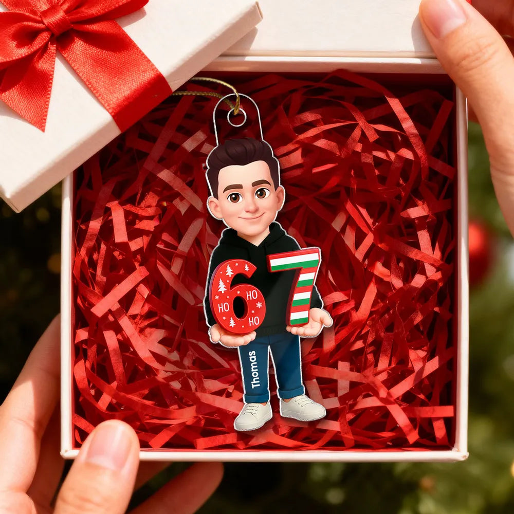 Personalized Acrylic Ornament with Cute Cartoon Teen Holding 67 Numbers – Trending Slang Christmas Ornament, Fun Gift for Kids and Grandkids