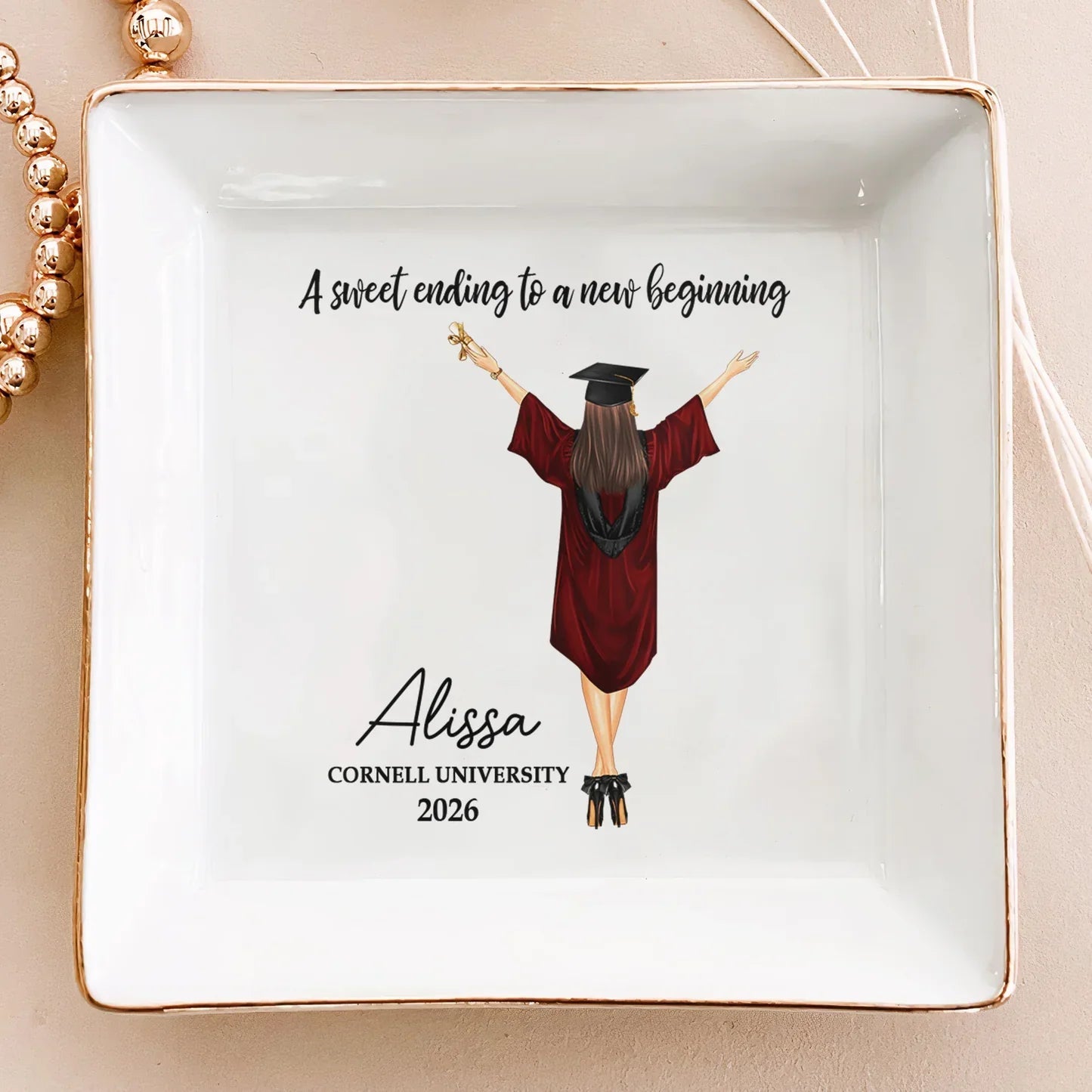 Personalized Graduation Jewelry Dish with 'A sweet ending to a new beginning' Quote, Unique Keepsake Gift for Her