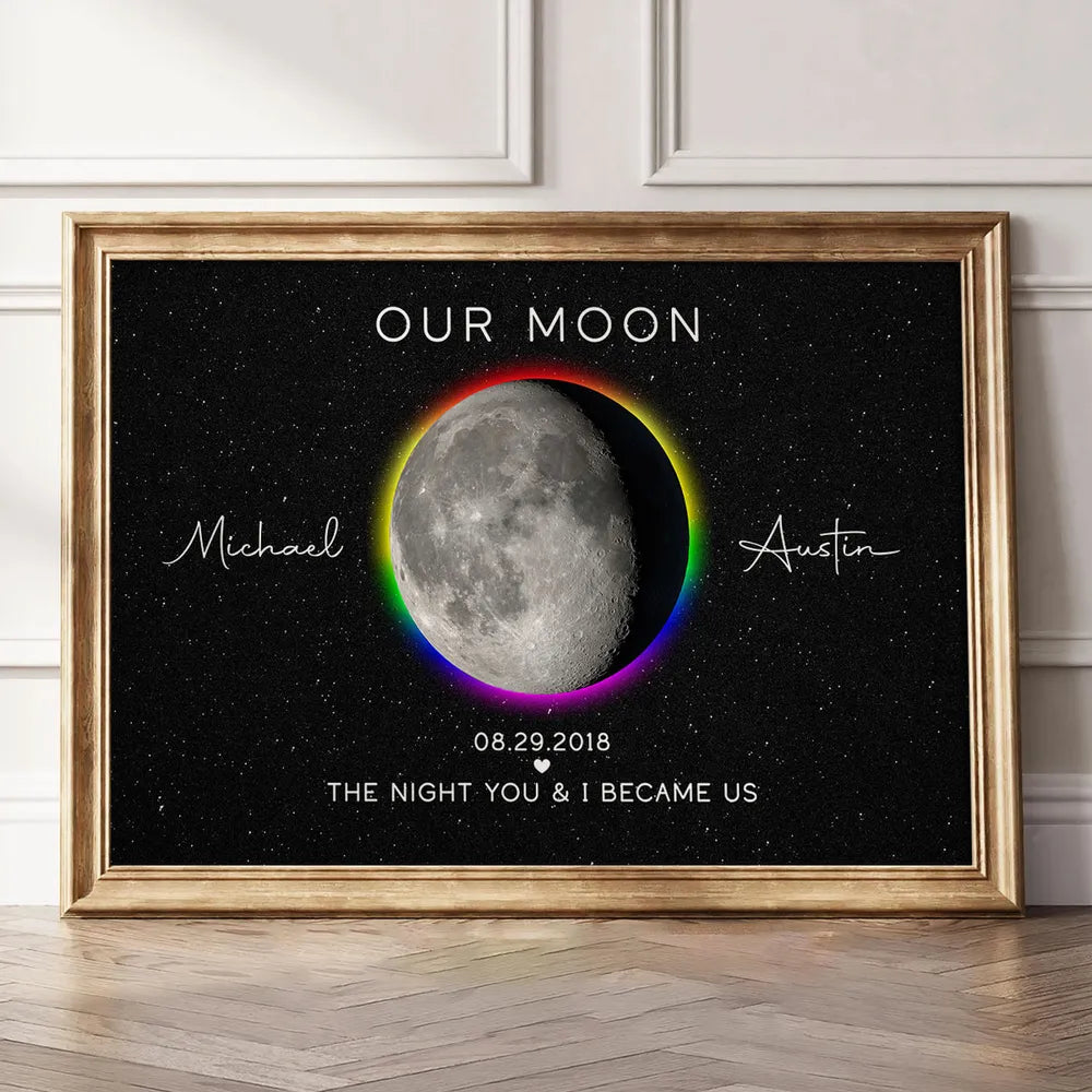 Personalized Moon Phase Poster for Couples, Rainbow Night Sky Wall Art, Unique Anniversary Gift & Pride Keepsake