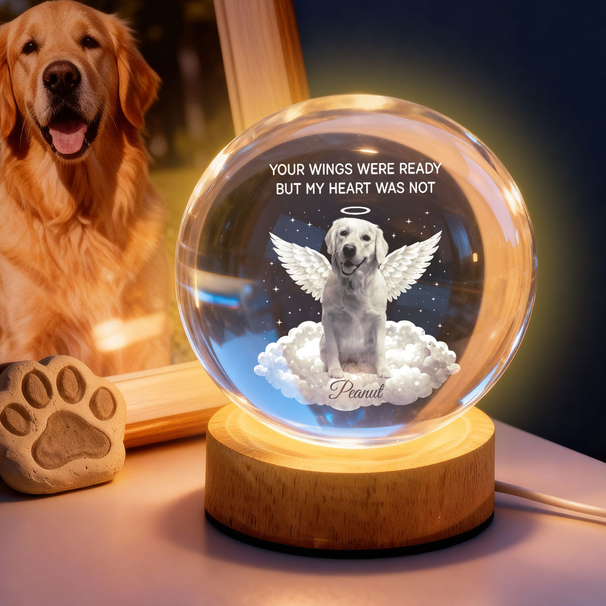 Personalized Crystal Ball LED Night Light Pet Memorial Gift, Angel Wings Quote, Warm Glow Bedside Keepsake