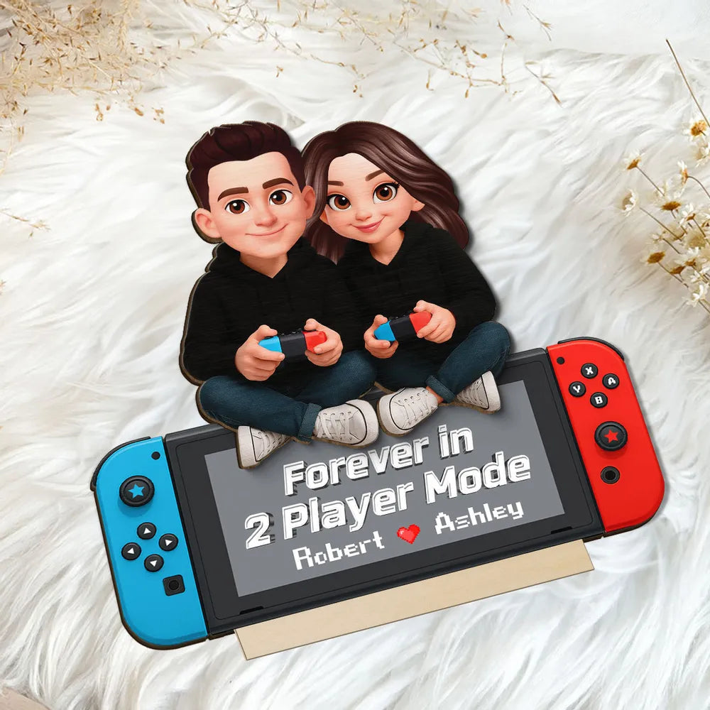 2-Layer Wooden Plaque Personalized Gaming Couple Sitting with Controllers - Forever in 2 Player Mode Romantic Gift for Gamers