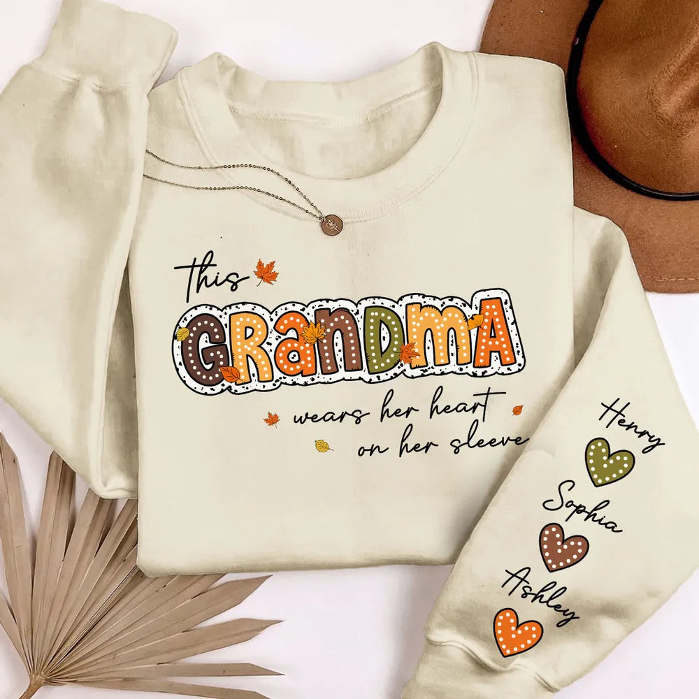 Grandma Pumpkin Themed Sweatshirt – “This Grandma Wears Her Heart on Her Sleeve” Cozy Gift for Grandma