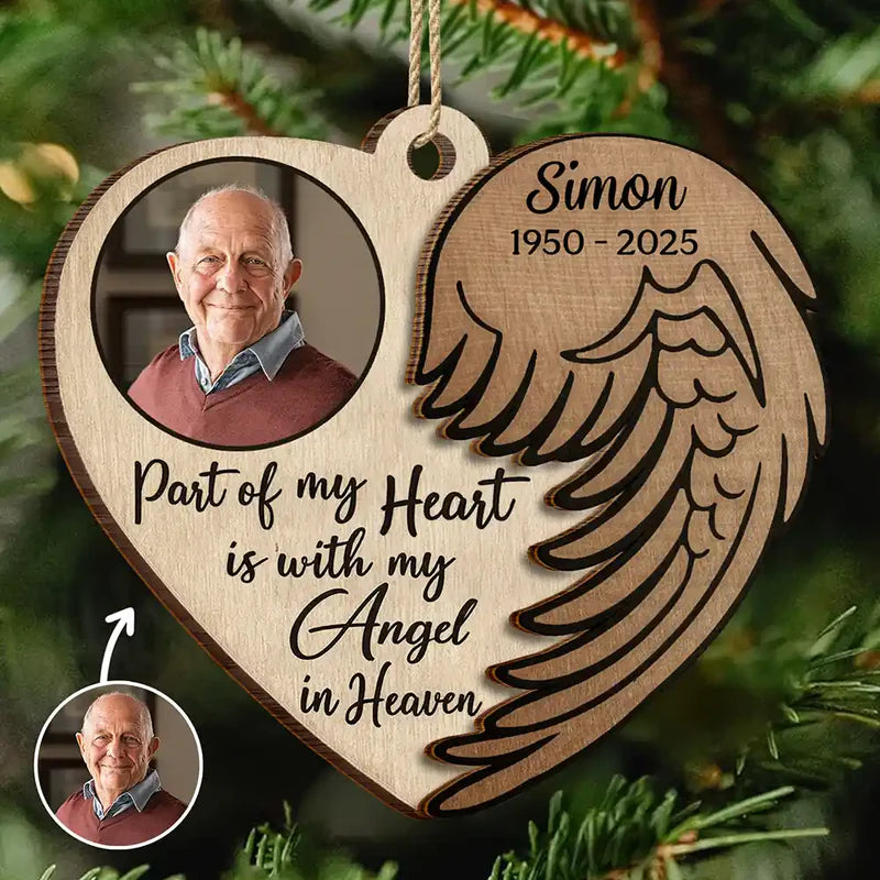 Wooden Ornament 2-Layer Heart with Angel Wing, Part of My Heart photo memorial, a unique gift for family
