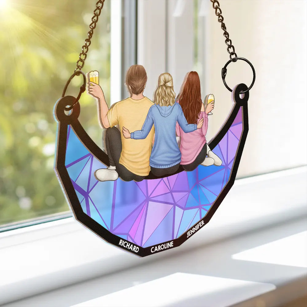 Personalized Friends Sitting On The Moon Ornament – Back View Hanging Suncatcher Gift for Friends, Sisters, or Siblings
