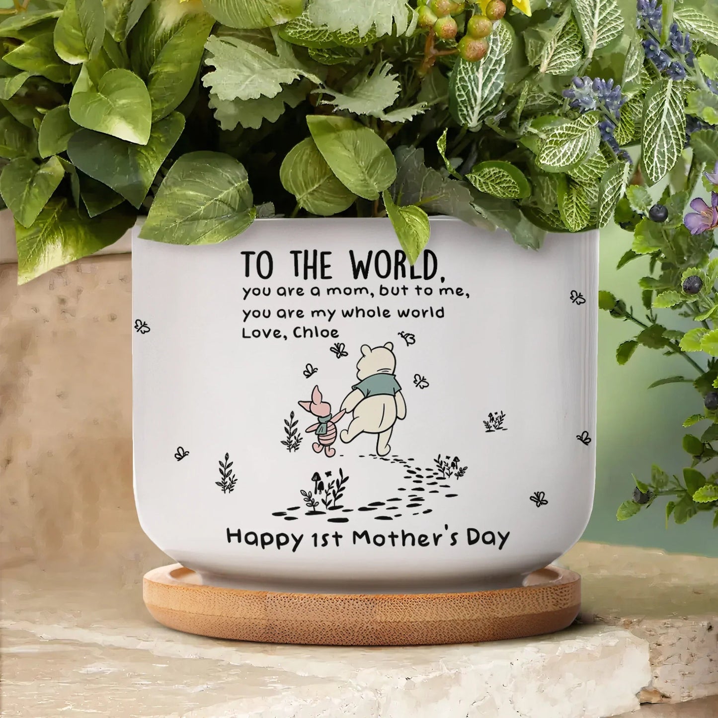 Ceramic Planter with Tray Personalized Gift, Winnie the Pooh Style Mom Quote for Cozy Window Decor, Unique Plant Lover Gift