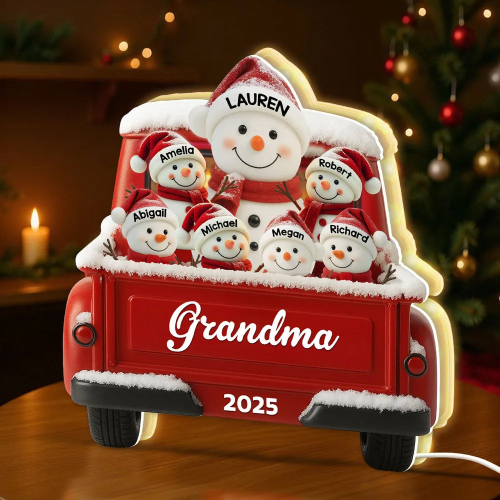 Custom Snowman Grandma & Grandkids Acrylic Light Box, Festive Red Truck Bedroom Lamp and Unique Holiday Gift for Family