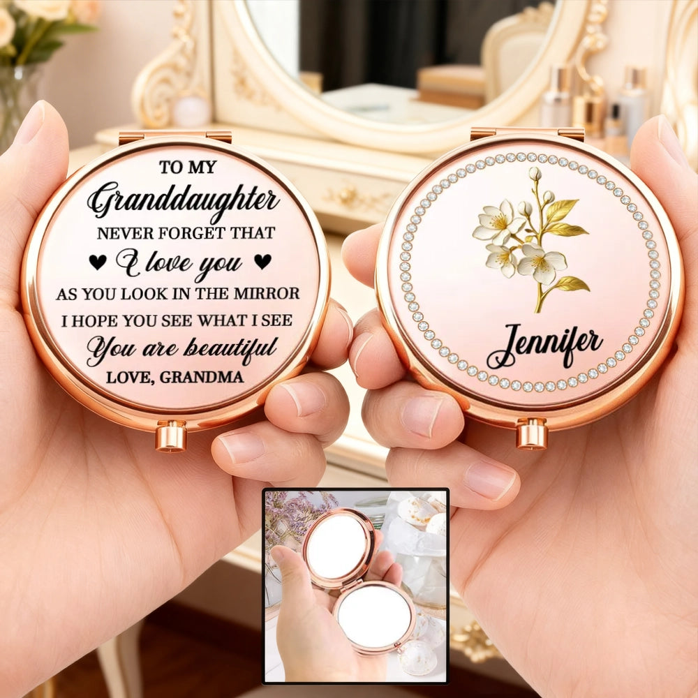 Personalized Metal Compact Mirror for Granddaughter, Floral Name Design, Sweet Everyday Reminder, Unique Gift