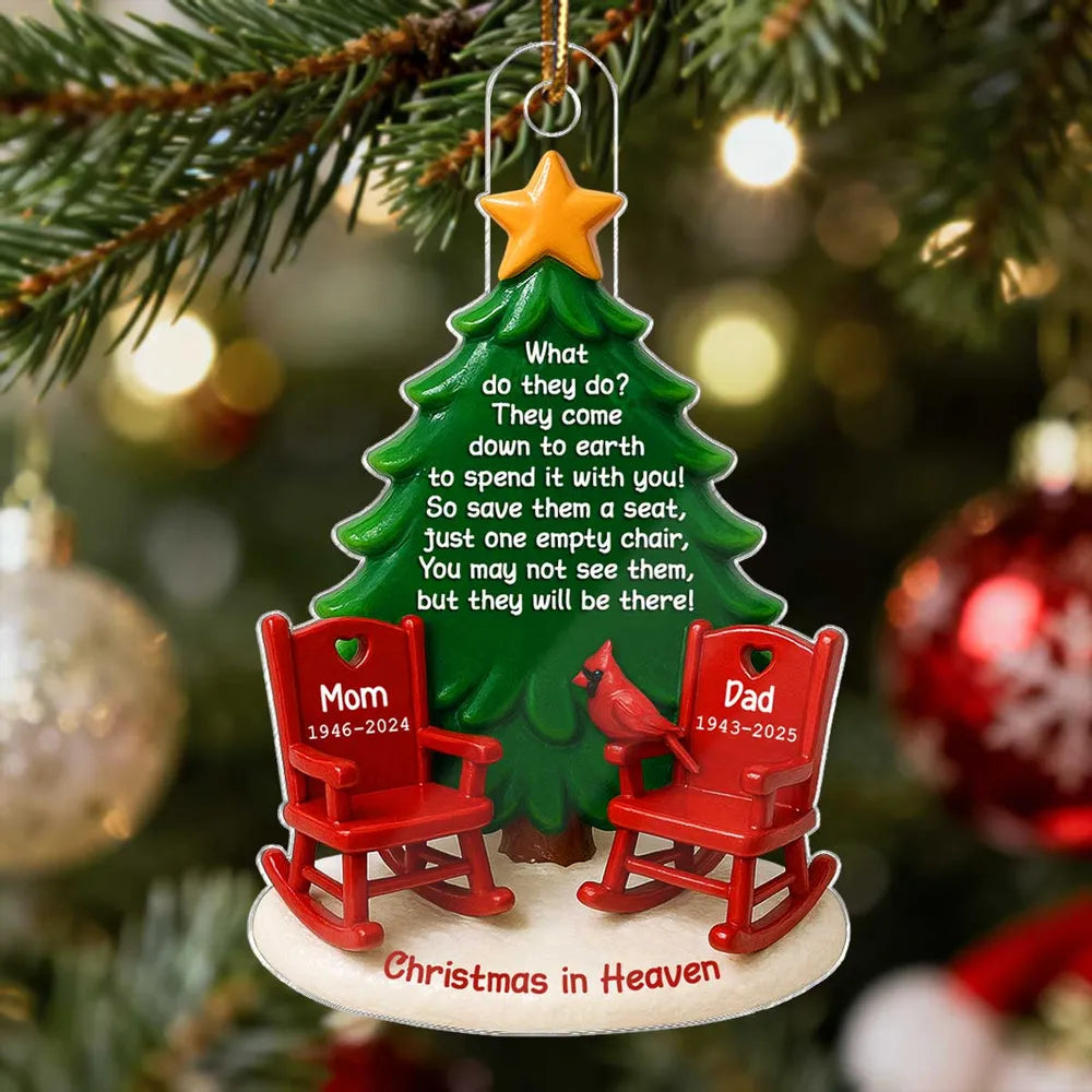 Acrylic Ornament Christmas in Heaven – Red Rocking Chairs & Tree Design, Touching Memorial Gift for Parents or Family