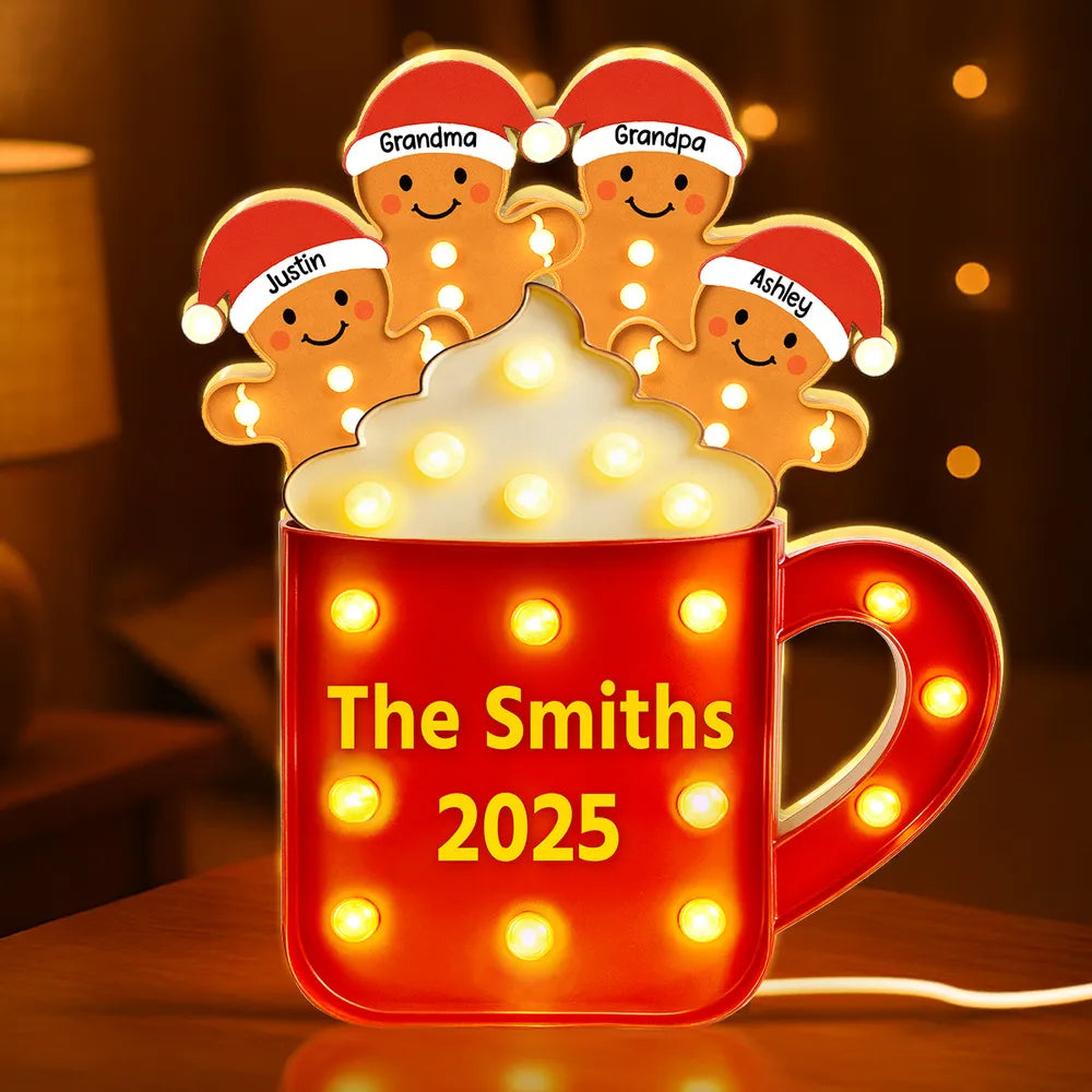 Acrylic Light Box Gingerbread Mug with Santa Hats, Cozy Christmas Glow, Custom Design, Unique Family Gift