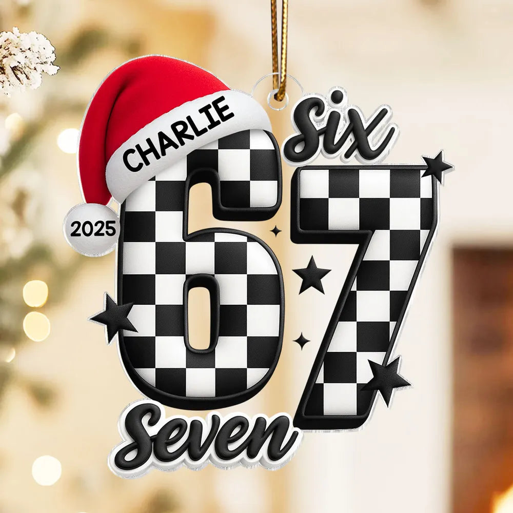 Personalized Acrylic Ornament with Checkered 67 and Santa Hat – Custom Kids Christmas Decor and Unique Holiday Gift