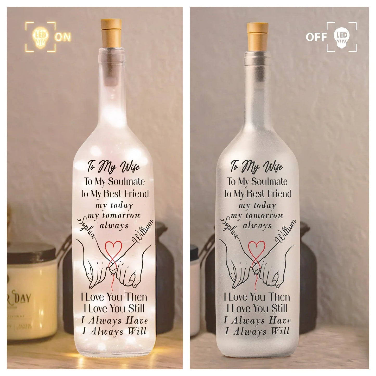 Personalized Bottle Lamp for Wife with Love Quote and Holding Hands Design, Warm Glow Bedroom Decor, Unique Romantic Gift