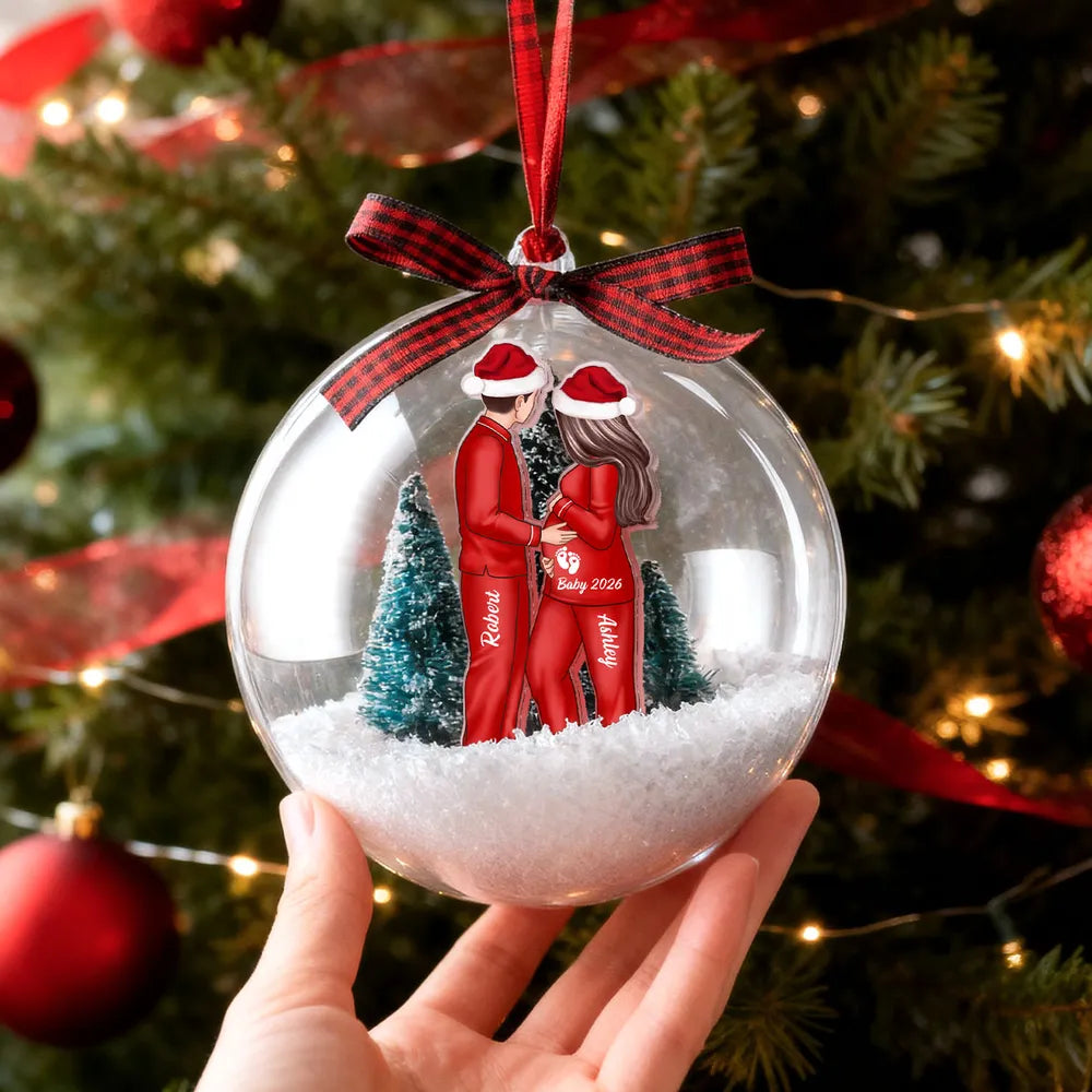 Acrylic Snow Globe Ornament Featuring Couple Expecting Baby, Christmas Tree Decor and Perfect Gift for New Parents