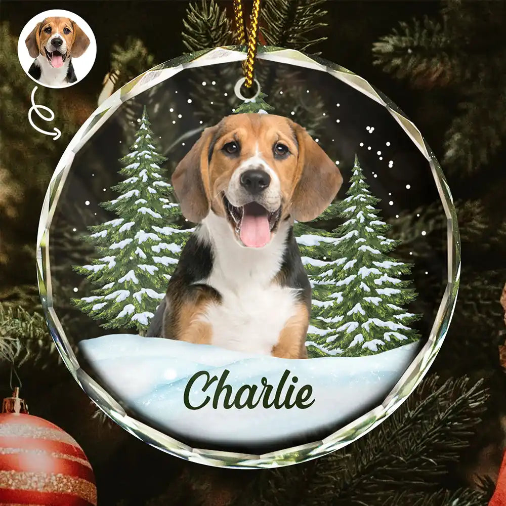 Crystal Ornament with Dog Portrait and Snowy Pine Scene, Festive Keepsake and Perfect Gift for Pet Lovers